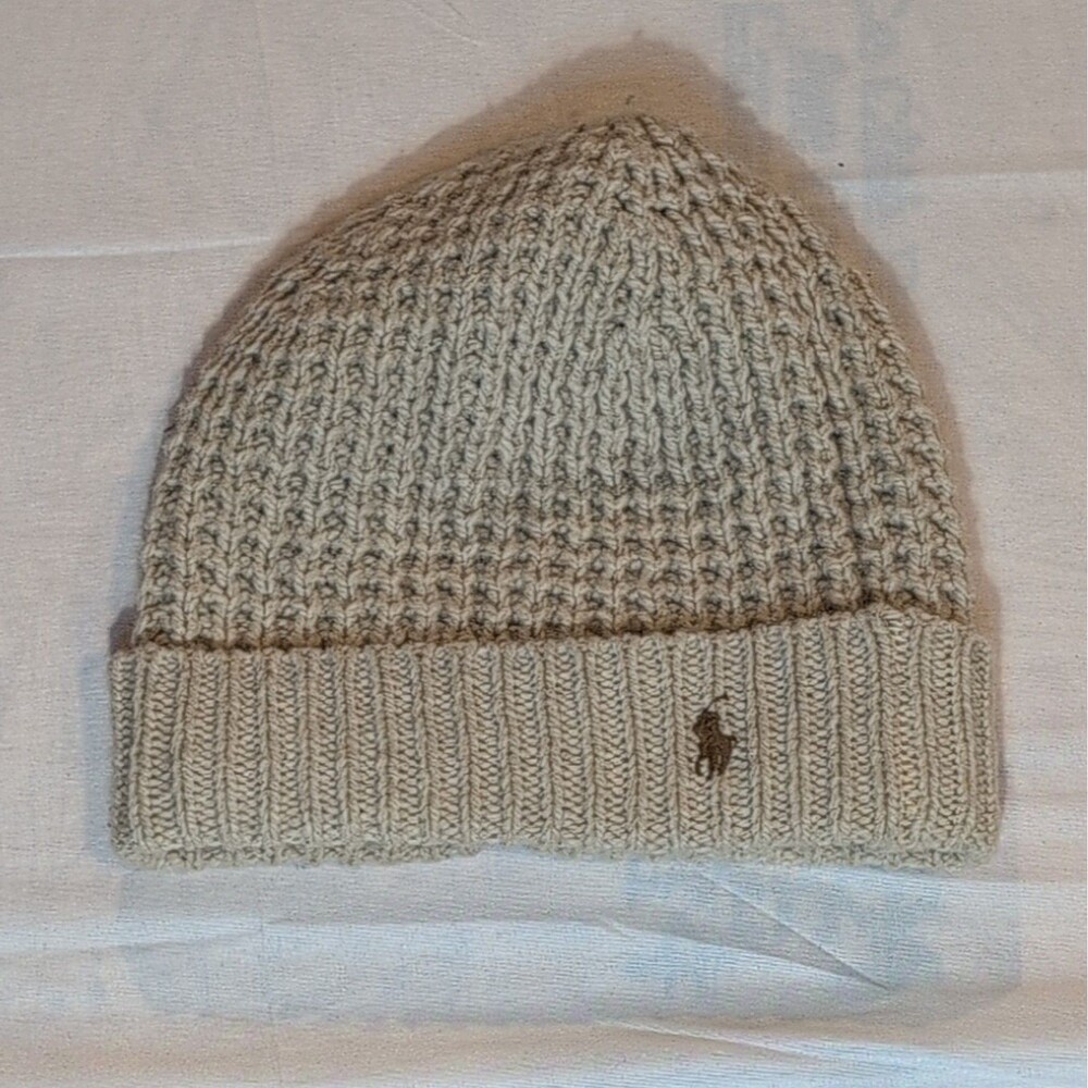 Polo Ralph Lauren Mens One Size Beige Knit Beanie Stretch Solid Classic Fall
